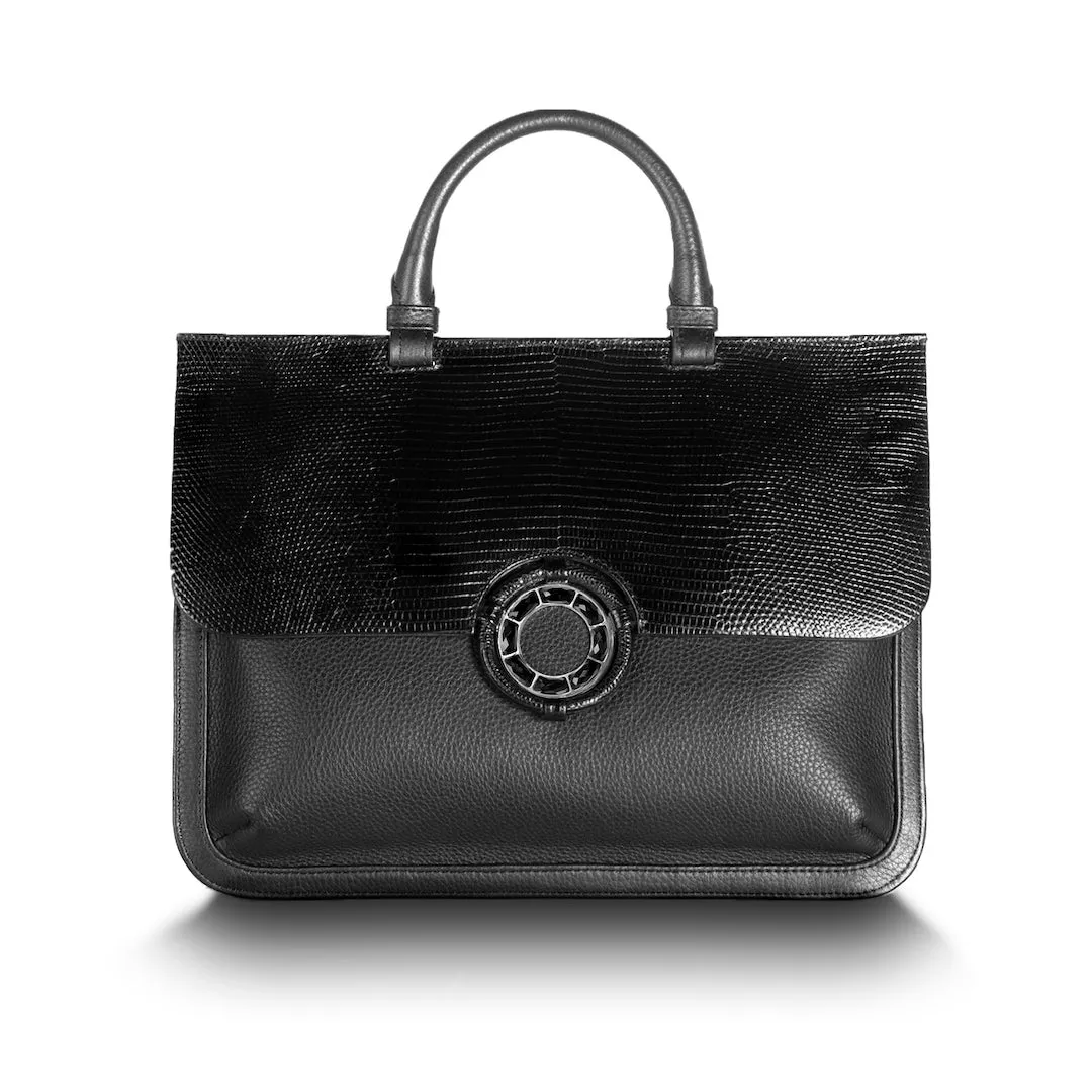 Sydney Convertible Satchel - Black Lizard & Leather, Onyx Grommet