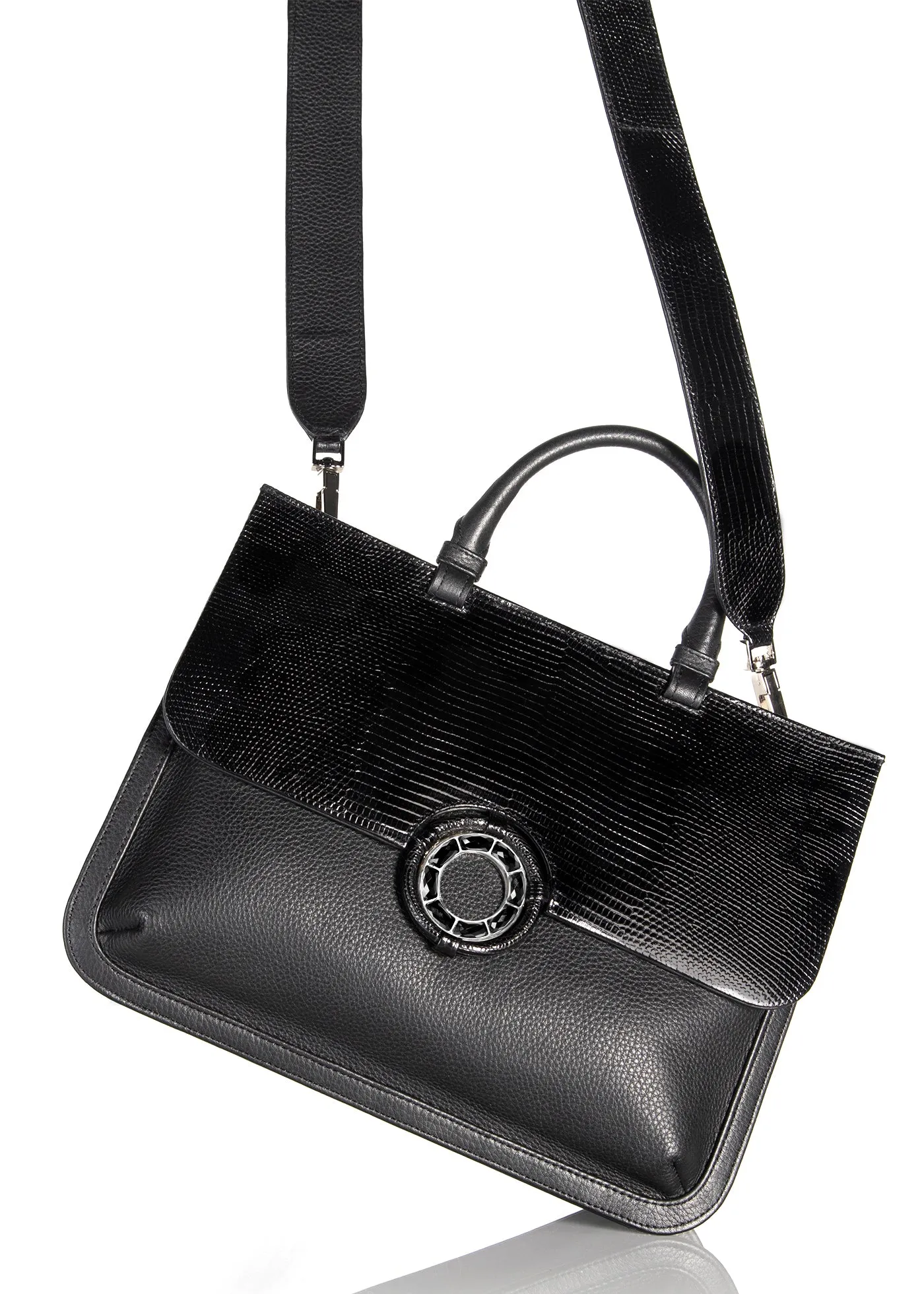 Sydney Convertible Satchel - Black Lizard & Leather, Onyx Grommet