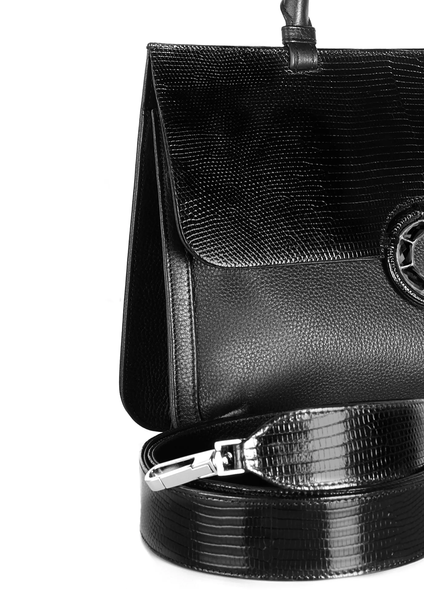 Sydney Convertible Satchel - Black Lizard & Leather, Onyx Grommet