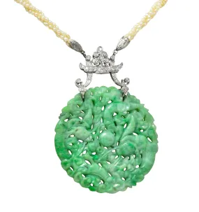 Tiffany & Co. Art Deco Carved Jade Dragon Seed Pearl Diamond Platinum Sautoir Antique Pendant Necklace