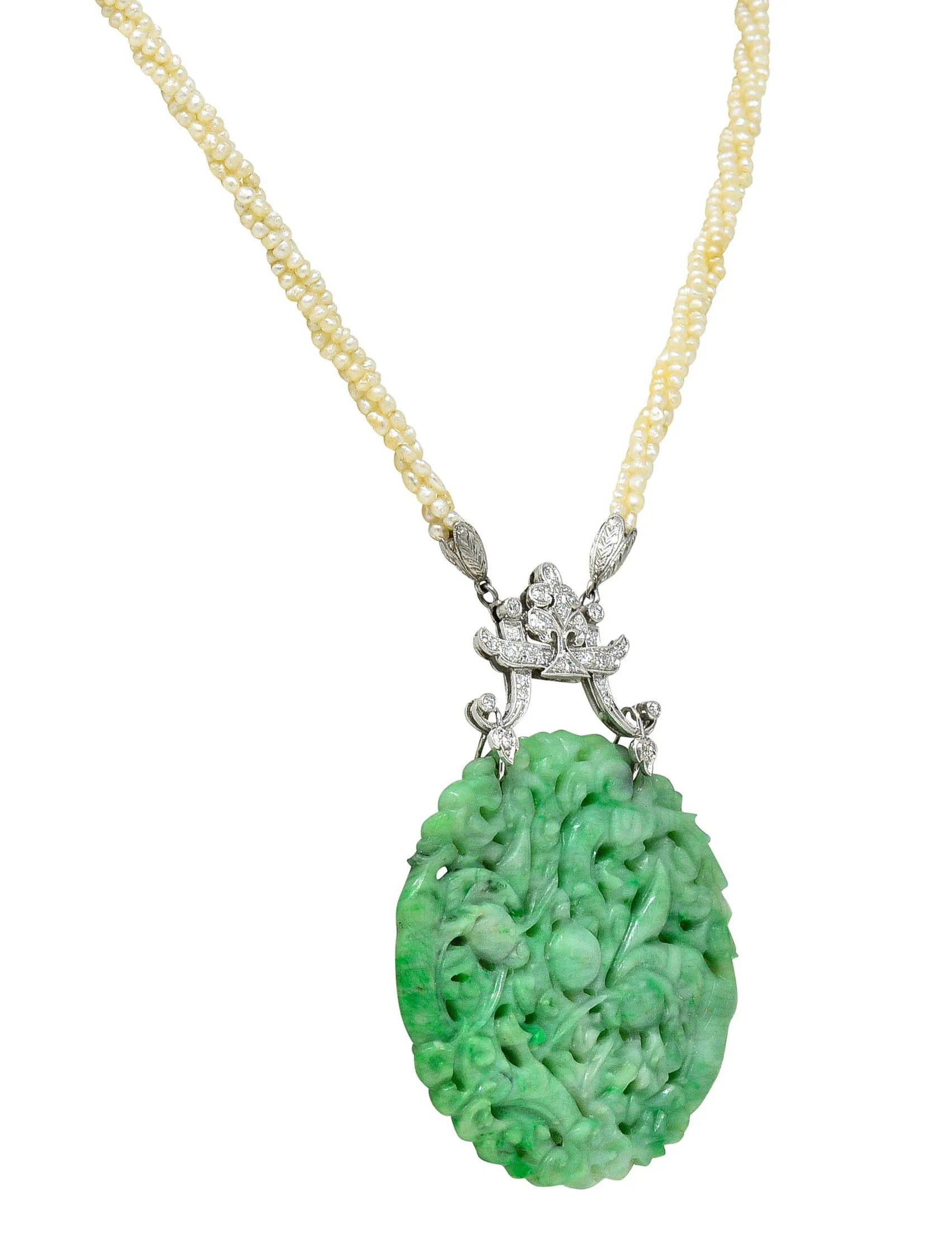 Tiffany & Co. Art Deco Carved Jade Dragon Seed Pearl Diamond Platinum Sautoir Antique Pendant Necklace