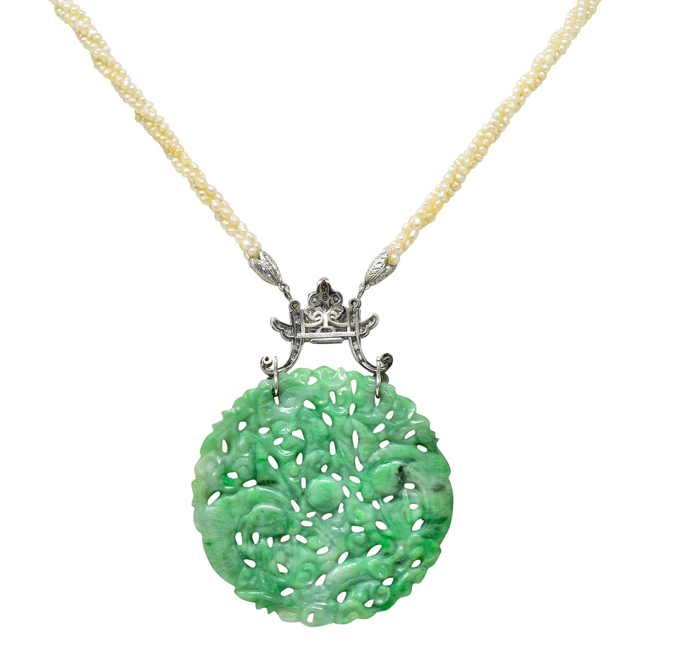 Tiffany & Co. Art Deco Carved Jade Dragon Seed Pearl Diamond Platinum Sautoir Antique Pendant Necklace