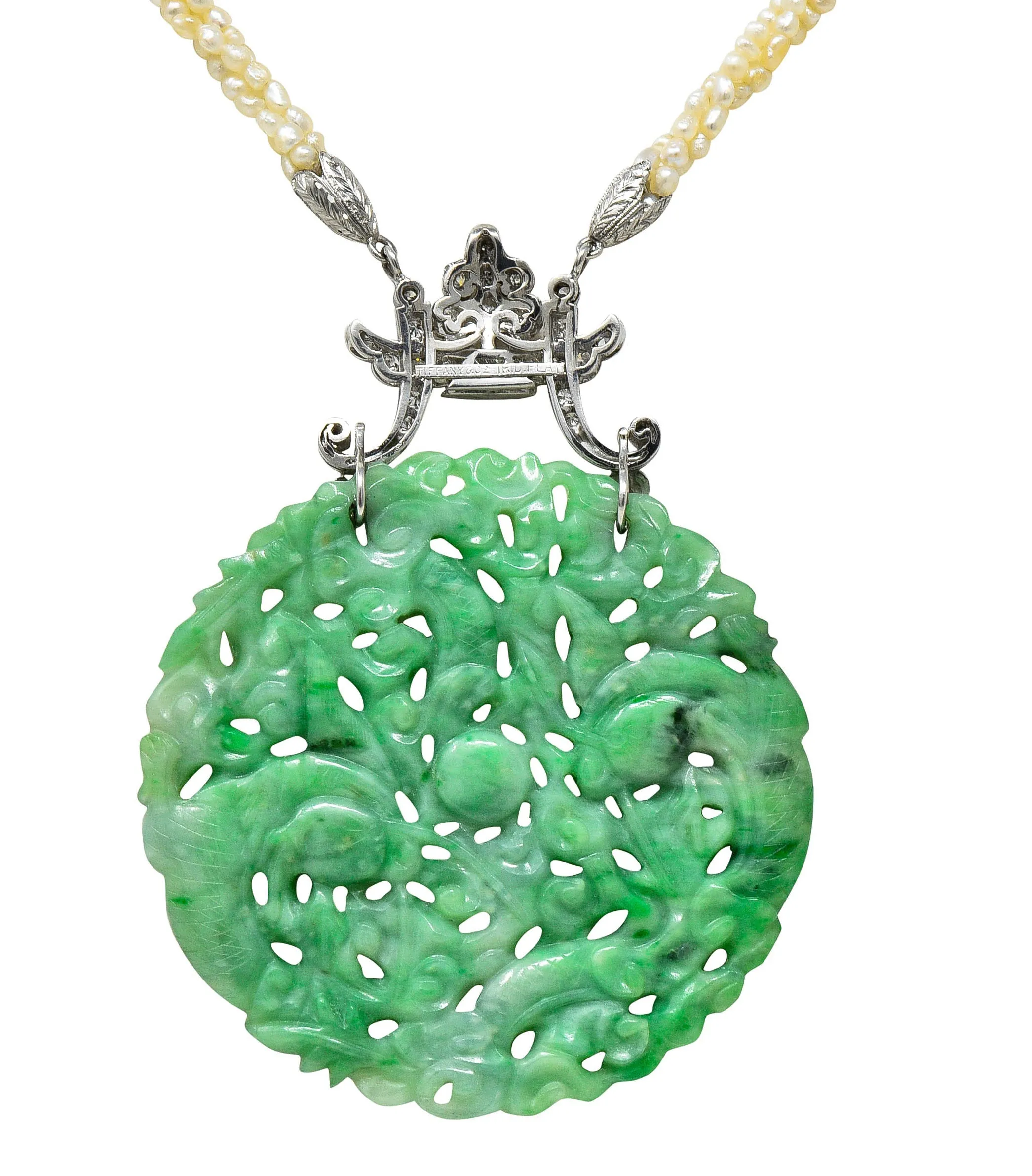 Tiffany & Co. Art Deco Carved Jade Dragon Seed Pearl Diamond Platinum Sautoir Antique Pendant Necklace