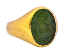 Tiffany & Co. Victorian Intaglio Jade 18 Karat Gold Lion Unisex Signet Ring