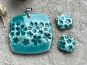 Turquoise Daisy Pendant and Charms, Flower Square Pendant, Porcelain Ceramic Pendant, Artisan Pendant, Jewelry Making Components