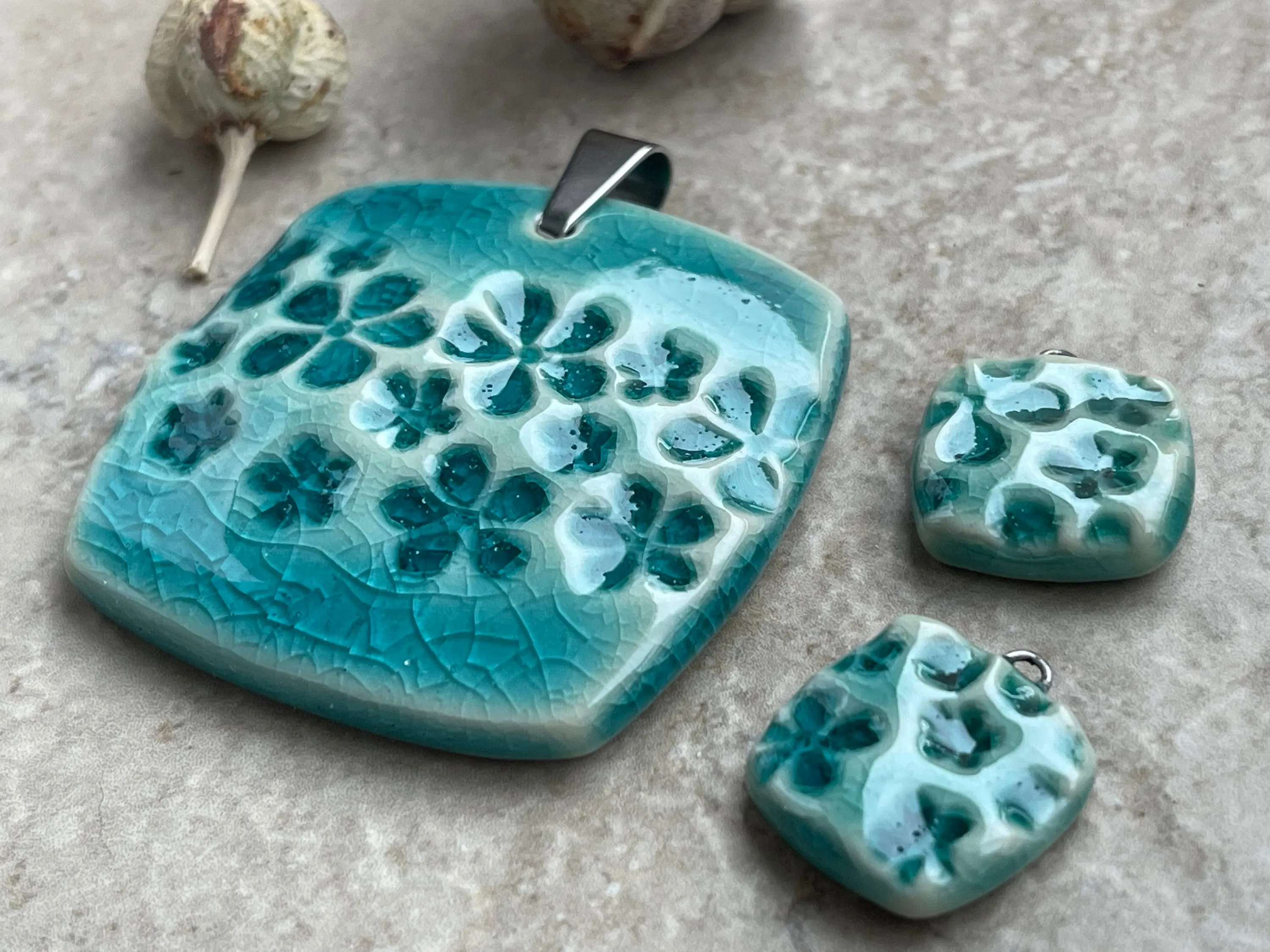 Turquoise Daisy Pendant and Charms, Flower Square Pendant, Porcelain Ceramic Pendant, Artisan Pendant, Jewelry Making Components