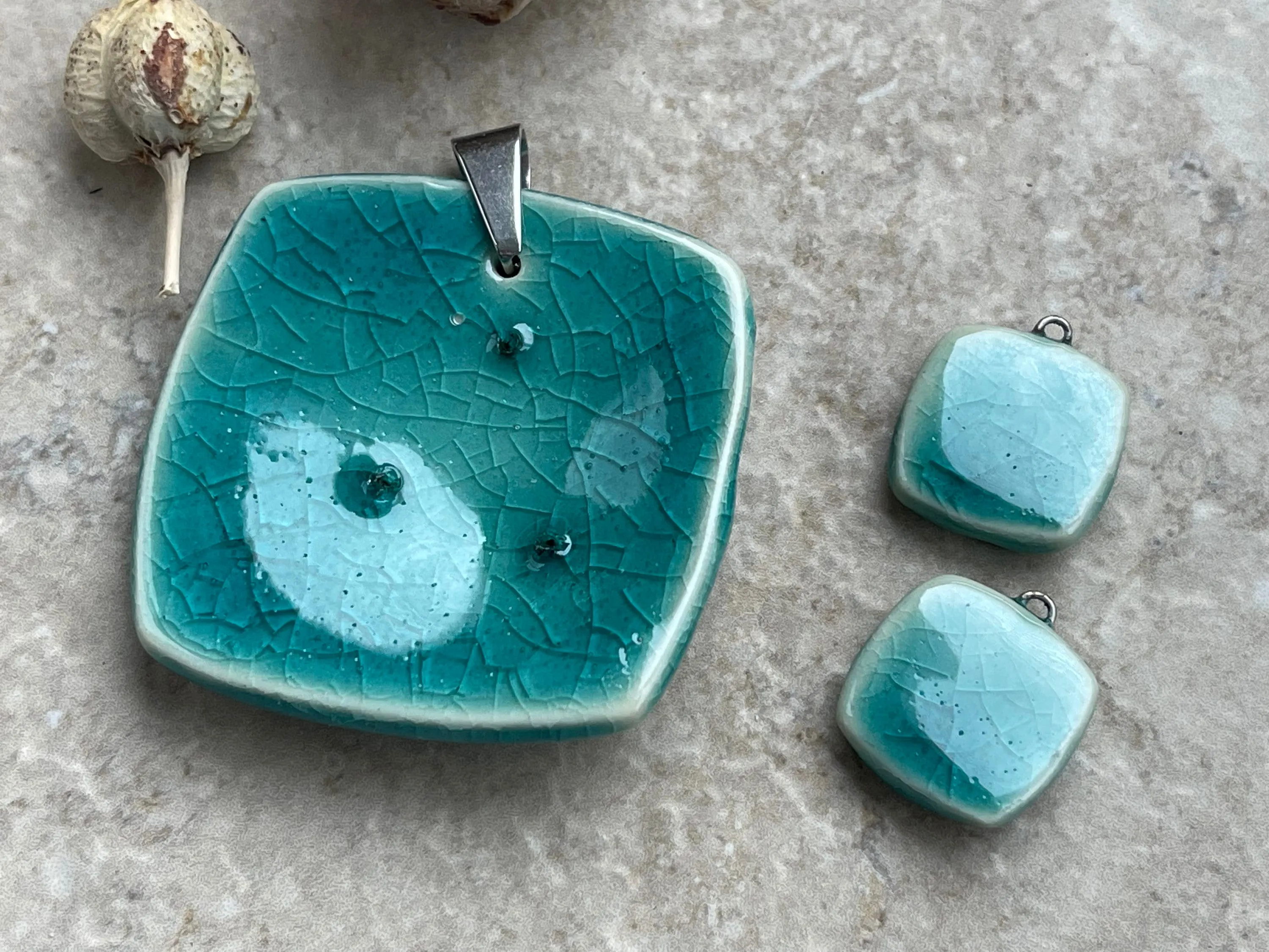 Turquoise Daisy Pendant and Charms, Flower Square Pendant, Porcelain Ceramic Pendant, Artisan Pendant, Jewelry Making Components