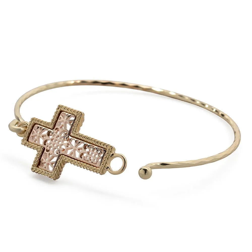 Two Tone Filigree Cross Bangle Gold Plated