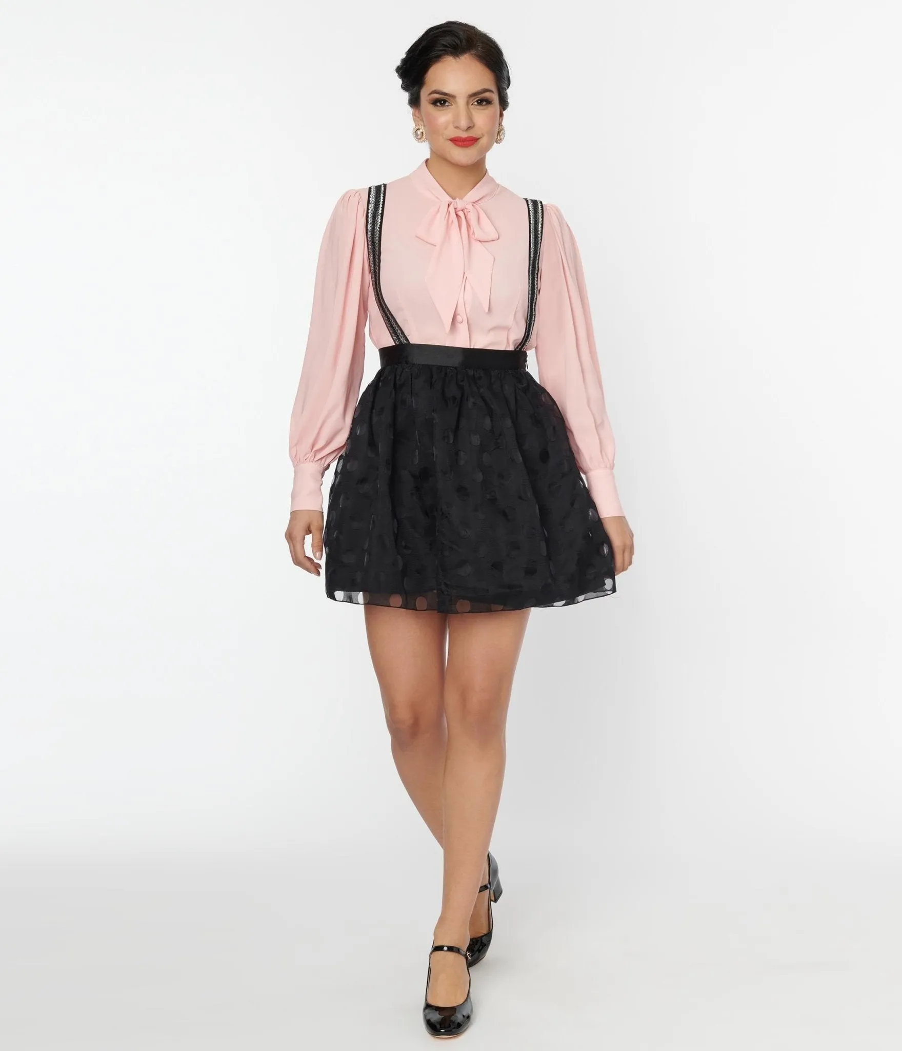 Unique Vintage Black Polka Dot Tulle Suspender Mini Skirt