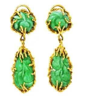 Vintage Brutalist Jade 14 Karat Yellow Gold Carved Organic Drop Earrings