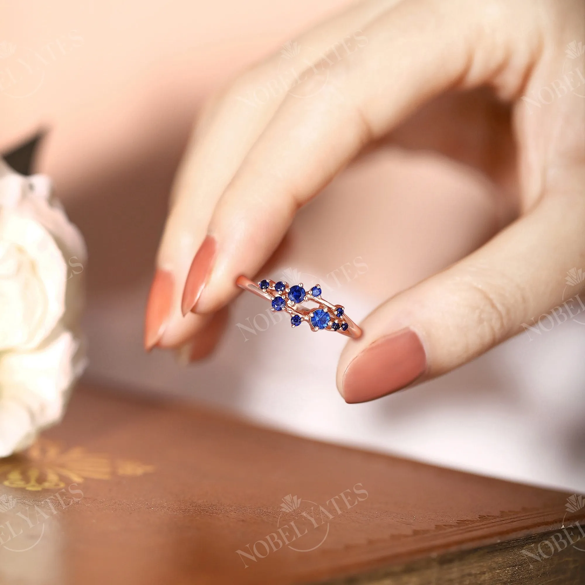 Vintage Round Cut Natural Sapphire Cluster Engagement Ring Rose Gold