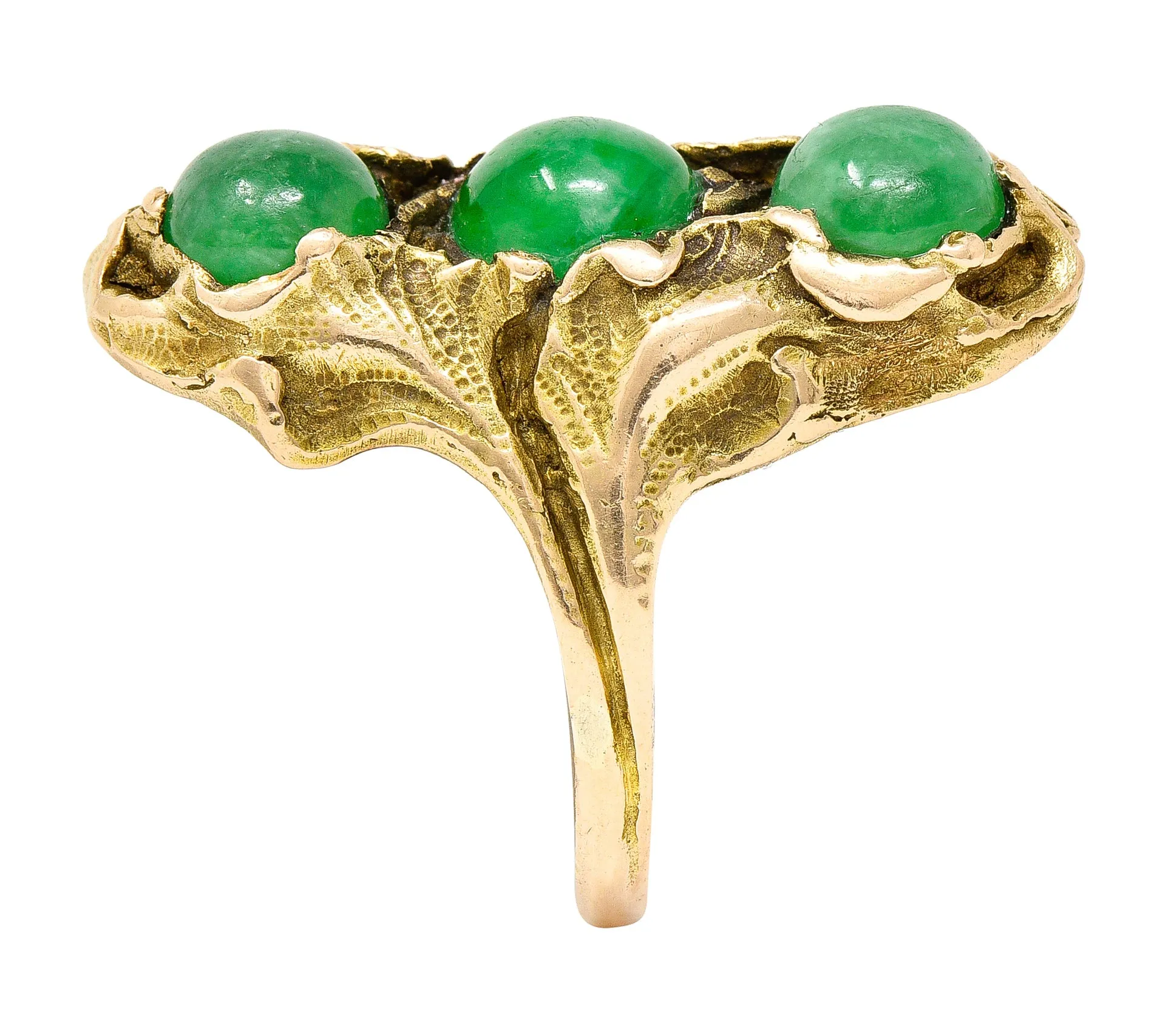 Walton & Co. Arts & Crafts Jade Cabochon 14 Karat Yellow Gold Antique Ginkgo Ring