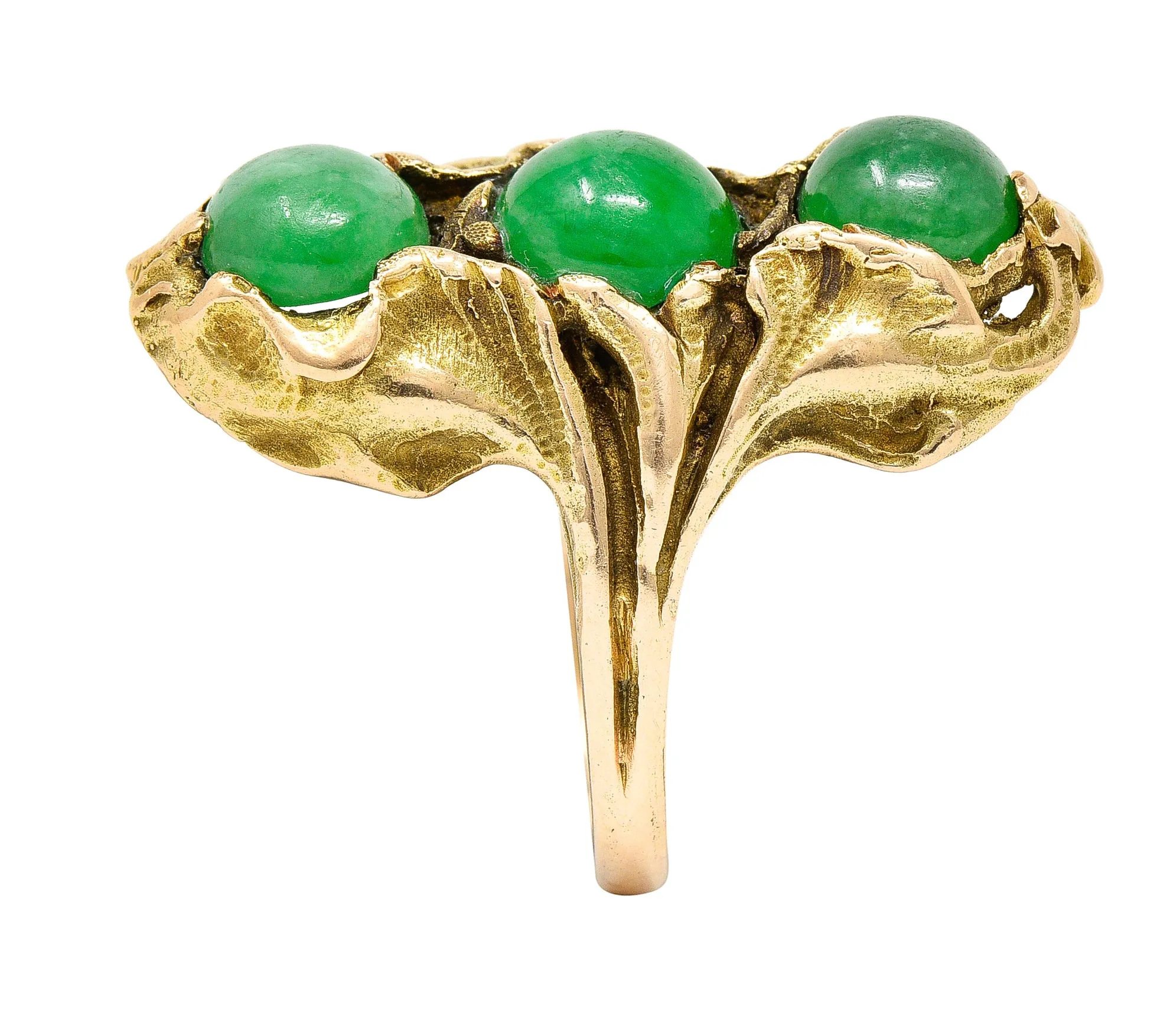 Walton & Co. Arts & Crafts Jade Cabochon 14 Karat Yellow Gold Antique Ginkgo Ring