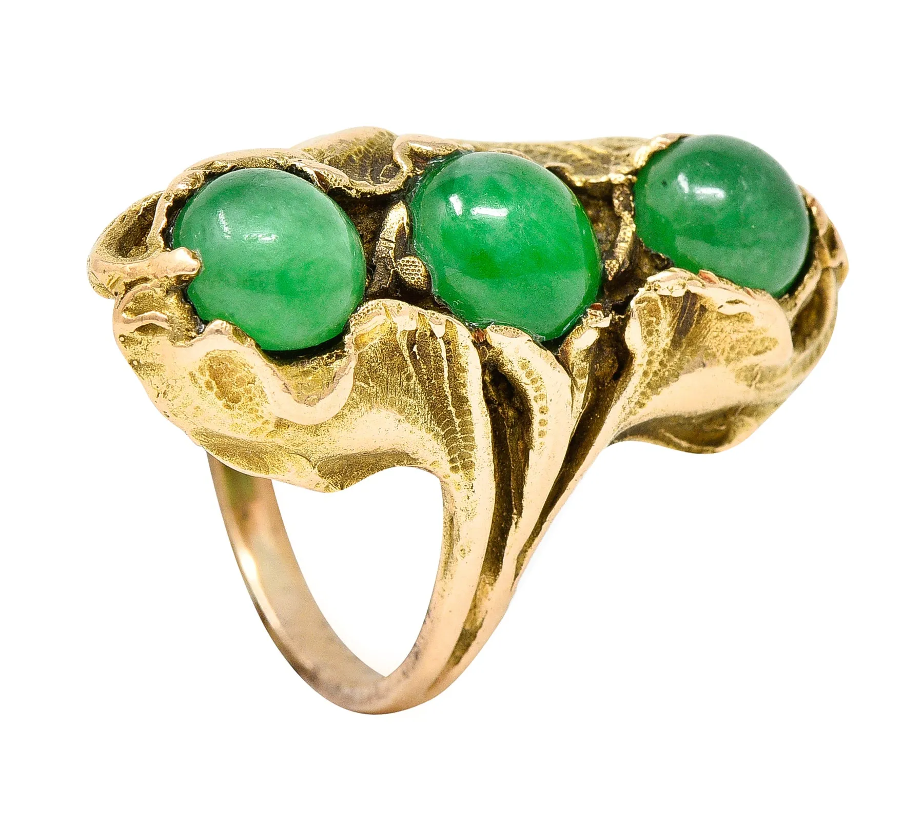 Walton & Co. Arts & Crafts Jade Cabochon 14 Karat Yellow Gold Antique Ginkgo Ring