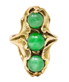 Walton & Co. Arts & Crafts Jade Cabochon 14 Karat Yellow Gold Antique Ginkgo Ring