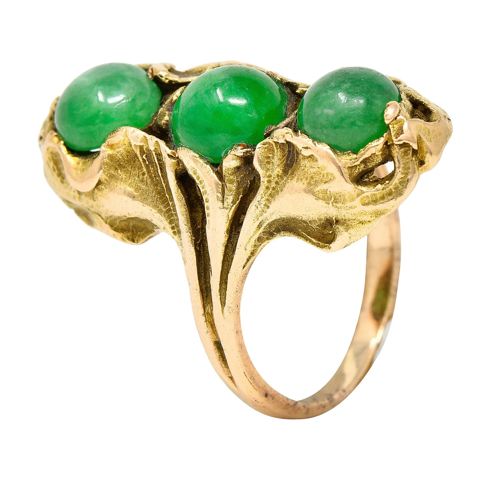 Walton & Co. Arts & Crafts Jade Cabochon 14 Karat Yellow Gold Antique Ginkgo Ring