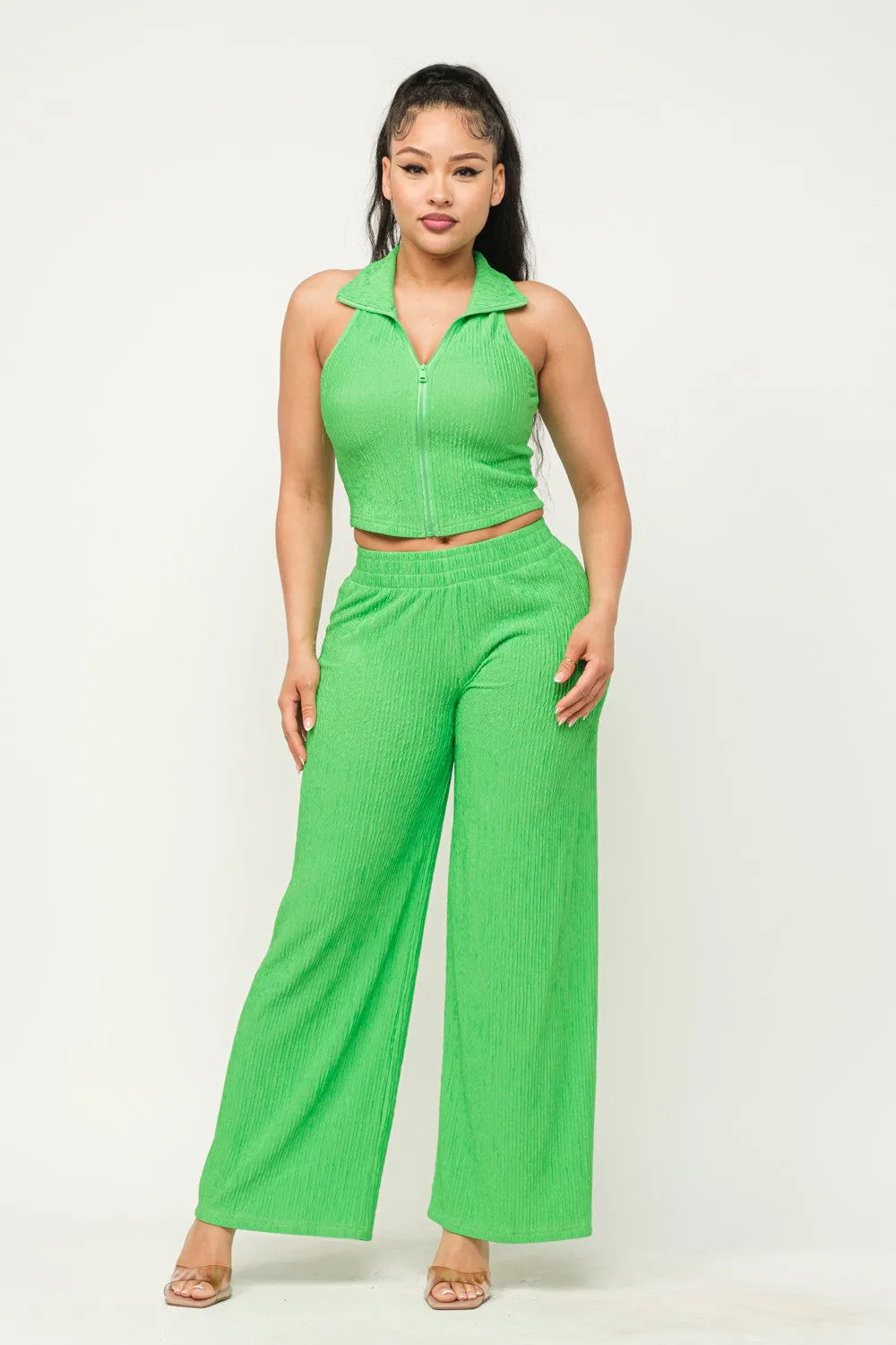 Winkle Textured Cropped Top / Pants Set